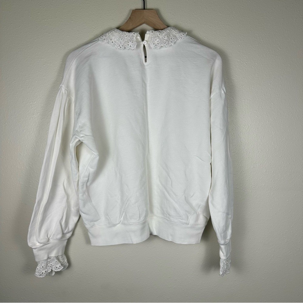 J. CREW Med Cottagecore Victorian French Terry Lace Trim White Crewneck Sweater - Picture 9 of 9